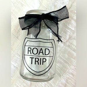 ROAD TRIP savings glass mason jar piggy bank coin saver with black bow
